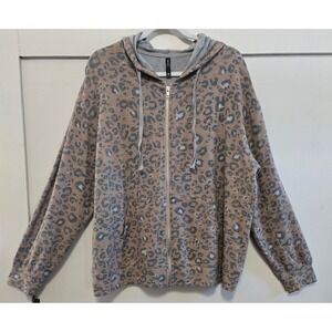 Savvi Women's 1X Leopard Print Full Zip Hoodie Tan Gray Animal Print Sweatshirt